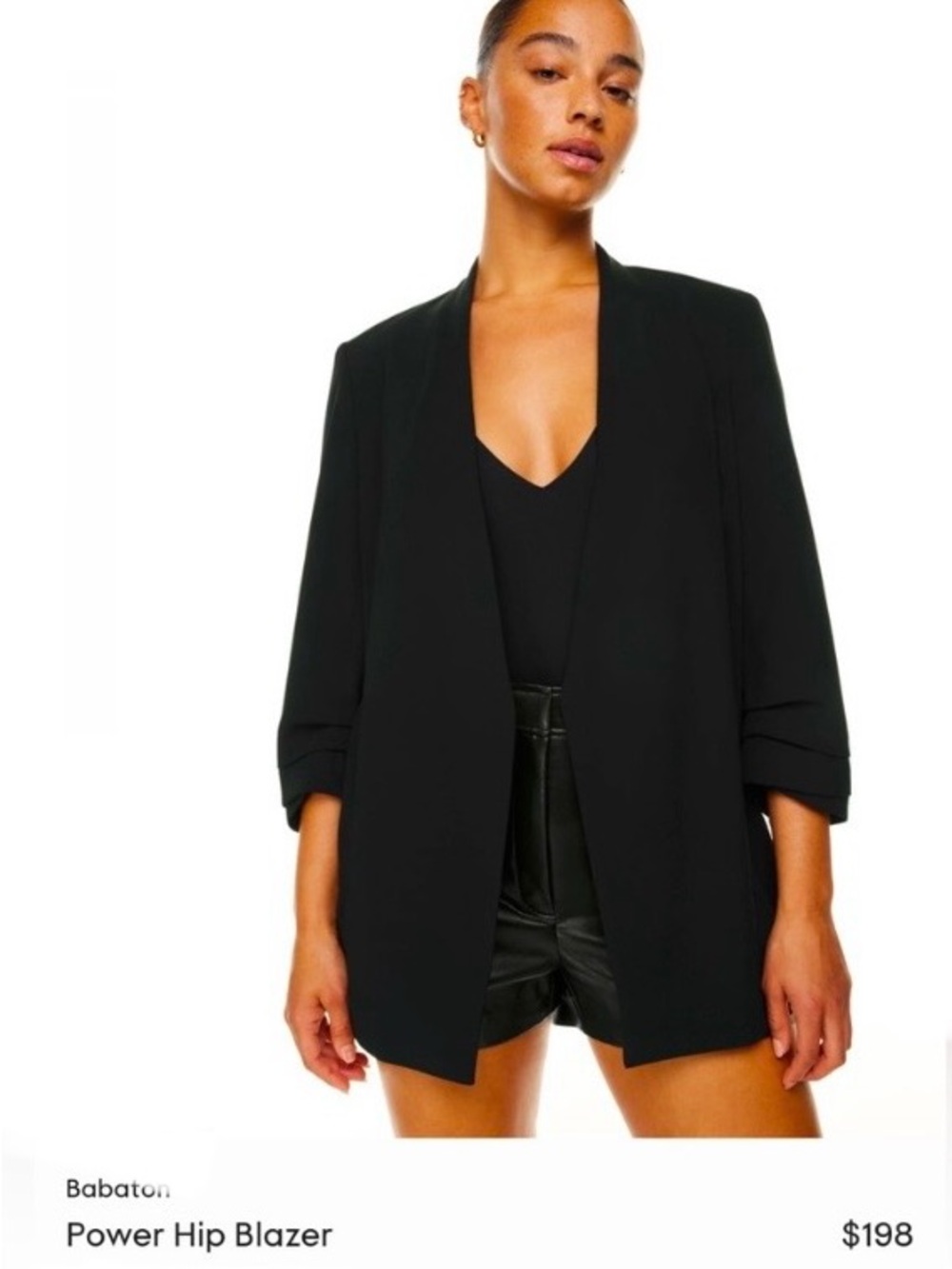 Aritzia Babaton 90s Power Hip Long Black Blazer 10 Ruched Sleeve Elevated Basic - Picture 2 of 16